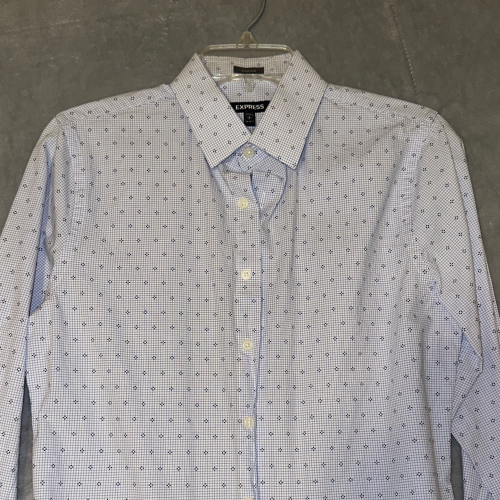 Express Men's White and Blue Checkered Dress Shirt